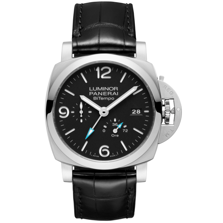 Panerai Luminor BiTempo Power Reserve 44 mm Black Dial Brushed Steel   Black Leather Strap PAM01360 - WATCHXNYC
