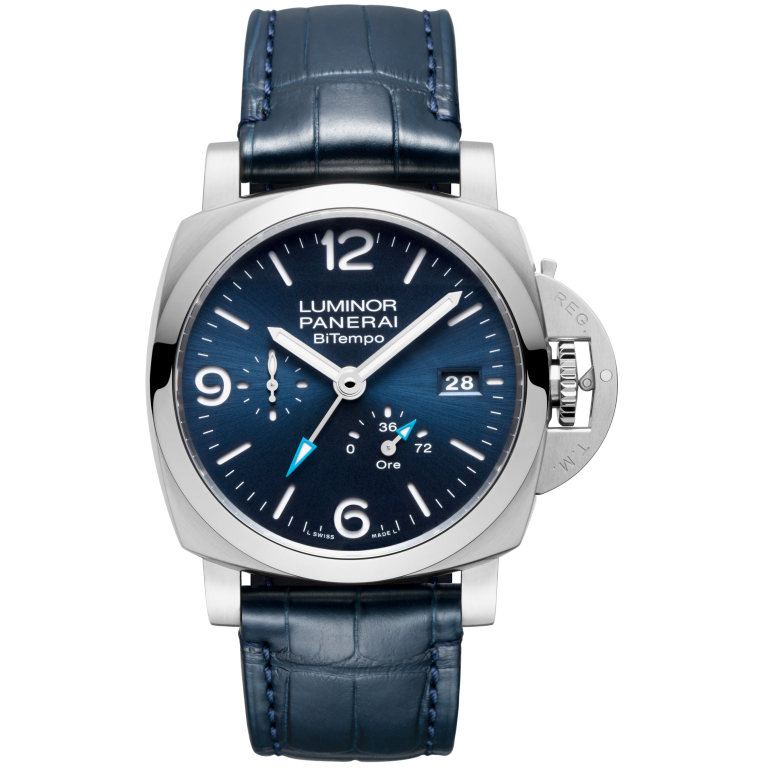 Panerai Luminor BiTempo Power Reserve 44 mm Blue Dial Brushed Steel   Dark Blue Leather Strap PAM01361 - WATCHXNYC