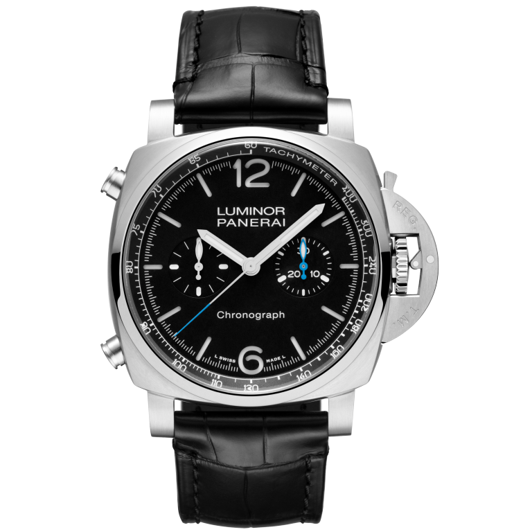 Panerai Luminor Chrono 44 mm Black Dial Brushed Steel   Black Leather Strap PAM01109 - WATCHXNYC