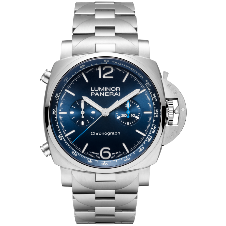 Panerai Luminor Chrono 44 mm Blue Dial Brushed Steel Polished And Brushed Steel Bracelet PAM01110 - WATCHXNYC