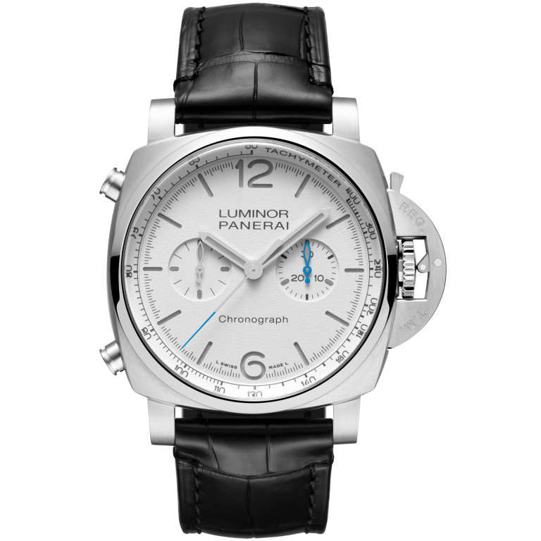 Panerai Luminor Chrono 44 mm White Dial Brushed Steel   Black Leather Strap PAM01218 - WATCHXNYC