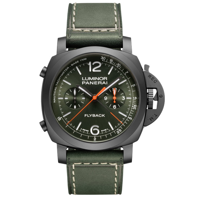 Panerai Luminor Chrono Flyback 44 mm Green Dial Black Ceramic Green   Leather Strap PAM01498 - WATCHXNYC