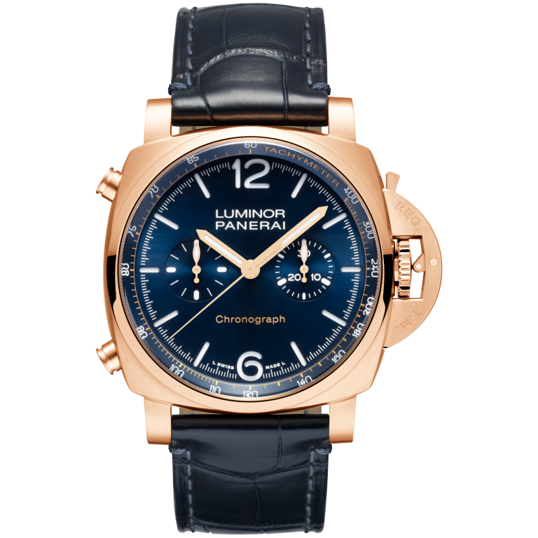 Panerai Luminor Chrono Goldtech™ 44 mm Blue Dial Panerai Goldtech   Dark Blue Leather Strap PAM01111 - WATCHXNYC