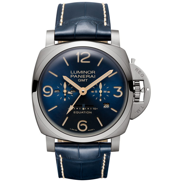 Panerai Luminor Equation of Time GMT Titanio 47 mm Blue Dial Brushed Titanium   Dark Blue Leather Strap PAM00670 - WATCHXNYC