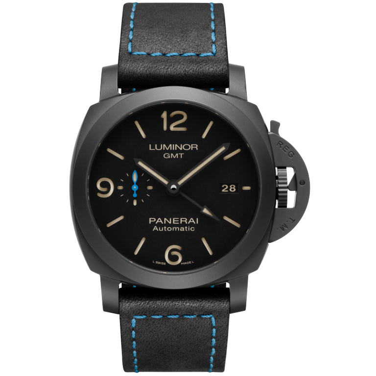 Panerai Luminor GMT 44 mm Black Dial Black Ceramic Calf Black, Blue Stitching Leather Strap PAM01441 - WATCHXNYC