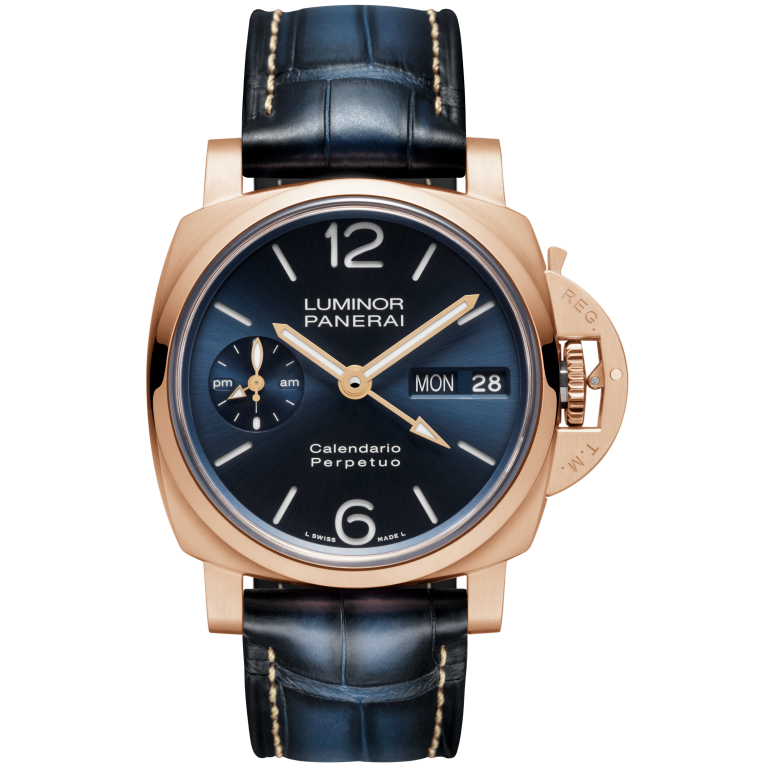 Panerai Luminor Perpetual Calendar GMT Goldtech™ 44 mm Blue Dial Brushed Goldtech   Blue Leather Strap PAM00742 - WATCHXNYC