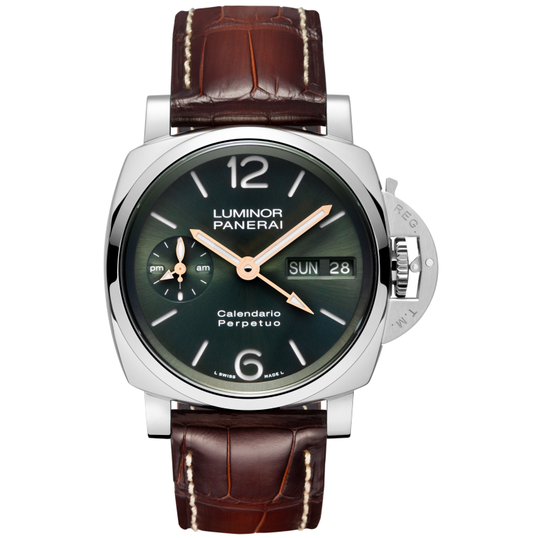 Panerai Luminor Perpetual Calendar GMT Platinumtech™ 44 mm Green Dial Platinumtech   Dark Brown Leather Strap PAM00715 - WATCHXNYC