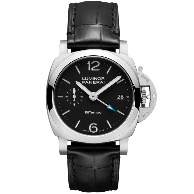 Panerai Luminor Quaranta BiTempo 40 mm Black Dial Brushed Steel   Black Leather Strap  PAM01365 - WATCHXNYC