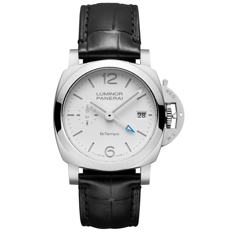 Panerai Luminor Quaranta BiTempo 40 mm White Dial Brushed Steel   Black Leather Strap  PAM01367 - WATCHXNYC
