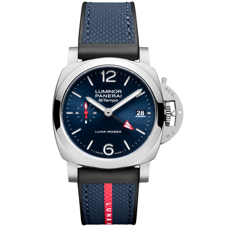Panerai Luminor Quaranta BiTempo Luna Rossa 40 mm Blue Dial Brushed Steel Bi-Material Rubber/Textile Luna Rossa Dark Blue Strap PAM01404 - WATCHXNYC