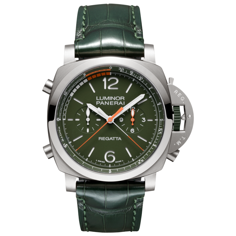 Panerai Luminor Regatta Chrono Flyback 47 mm Military Green Dial Brushed Titanium   Semi-Mat Military Green Leather Strap PAM01299 - WATCHXNYC