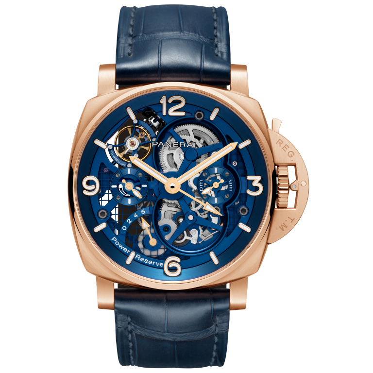 Panerai Luminor Tourbillon GMT 47 mm Transparent Dial Brushed Goldtech   Dark Blue Leather Strap PAM01060 - WATCHXNYC