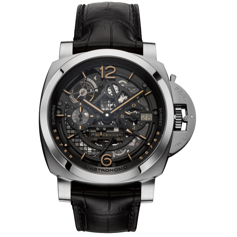 Panerai Luminor Tourbillon Moon Phases Equation of Time GMT - L’Astronomo 50 mm Transparent Dial Brushed Titanium   Black Leather Strap PAM00920 - WATCHXNYC