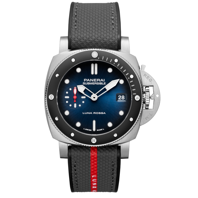 Panerai Submersible Luna Rossa 42 mm Blue Dial Brushed Steel Bi-Material Grey Strap PAM01565 - WATCHXNYC