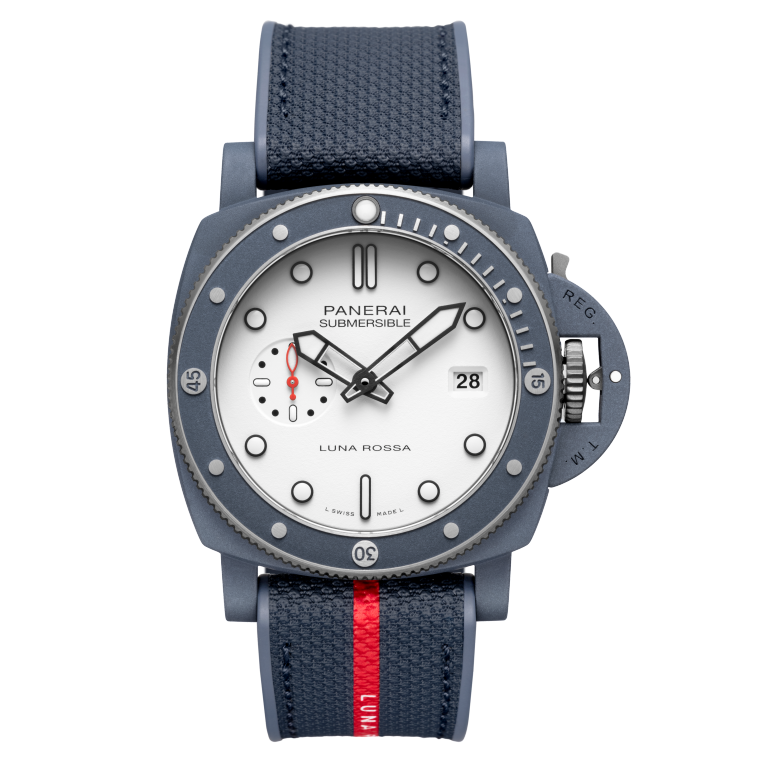 Panerai Submersible QuarantaQuattro Luna Rossa Ti-Ceramitech™ 44 mm White Dial  Ti-Ceramitech Bi-Material Rubber/Textile Luna Rossa Blue Strap PAM01543 - WATCHXNYC