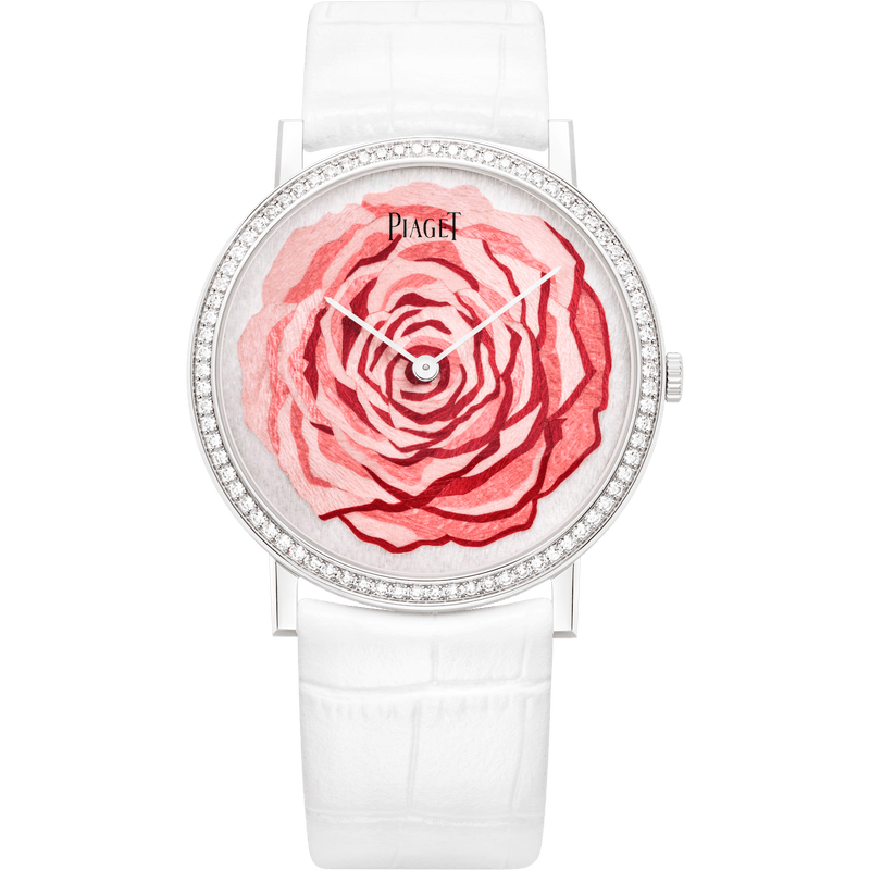 Reloj Piaget Altiplano Rose de 38 mm, esfera rosa con diamantes, correa de piel de aligátor en oro blanco de 18 quilates G0A41209