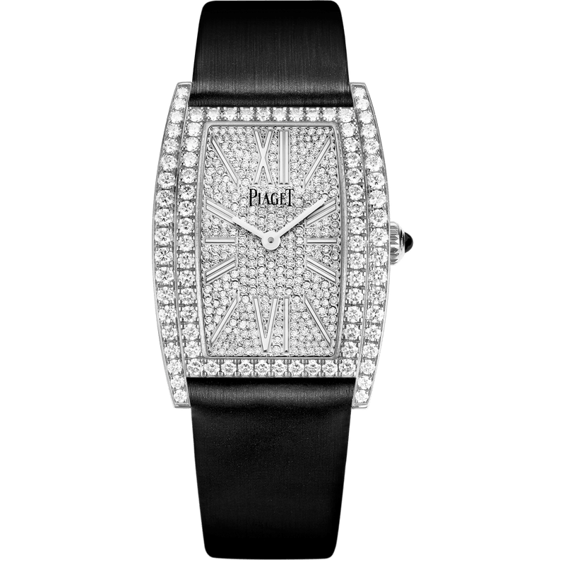 Reloj Piaget Limelight Tonneau de 27 x 38 mm, esfera con pavé de diamantes, correa de tela de oro blanco de 18 quilates G0A39193