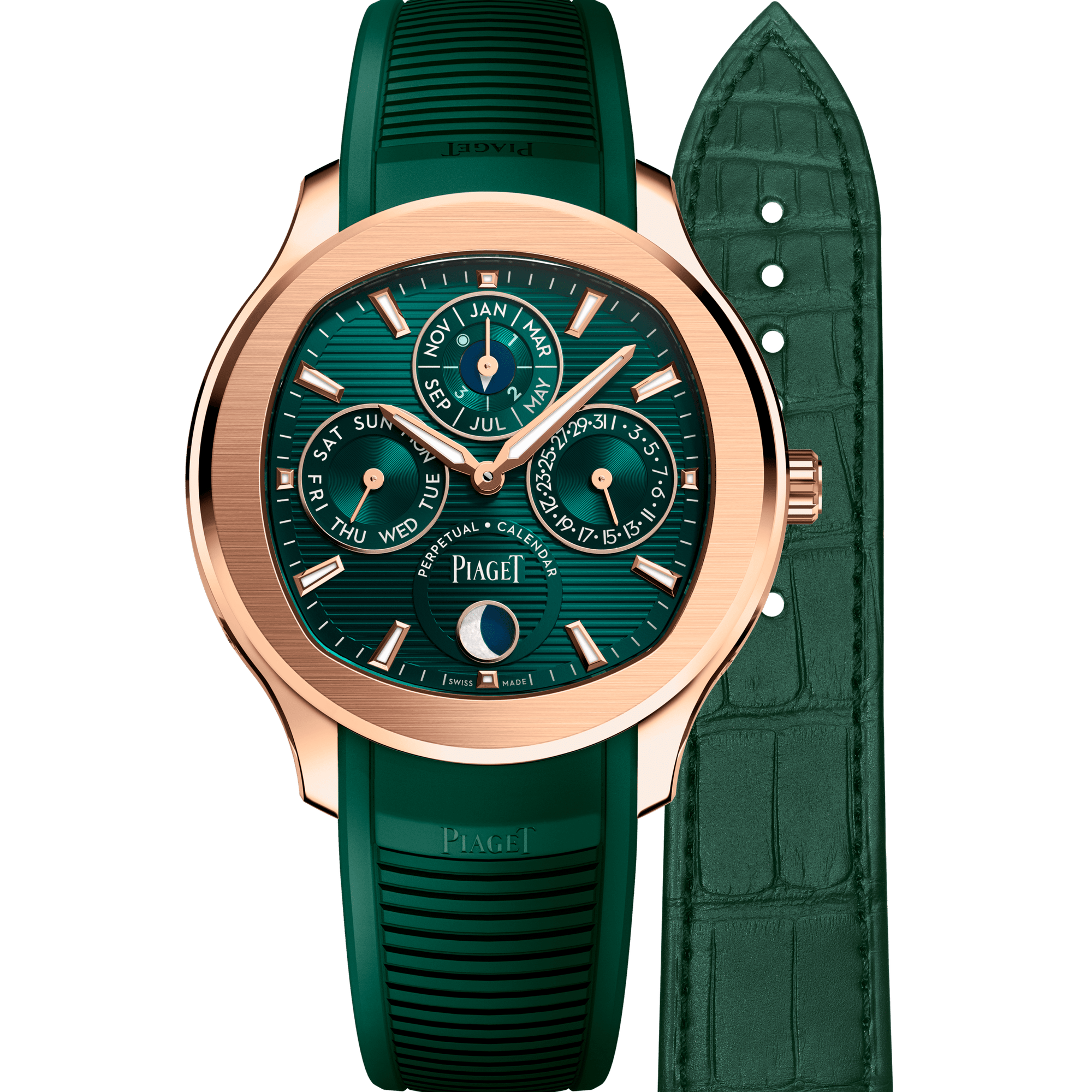 Piaget Piaget Polo Perpetual Calendar Ultra-Thin watch 42 mm Green Dial 18k Rose Gold Rubber Strap G0A48006 - WATCHXNYC