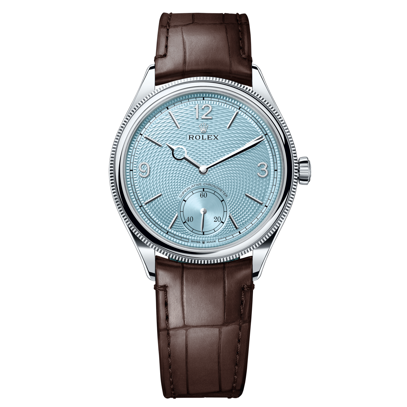 Rolex 1908 39 mm Ice Blue Dial Platinum   Leather Strap m52506-0002 - WATCHXNYC