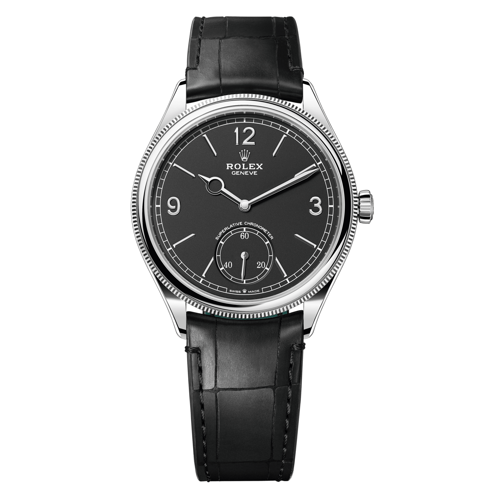 Rolex 1908 39 mm Intense Black Dial 18 Kt White Gold Matt Black   Leather m52509-0002 - WATCHXNYC
