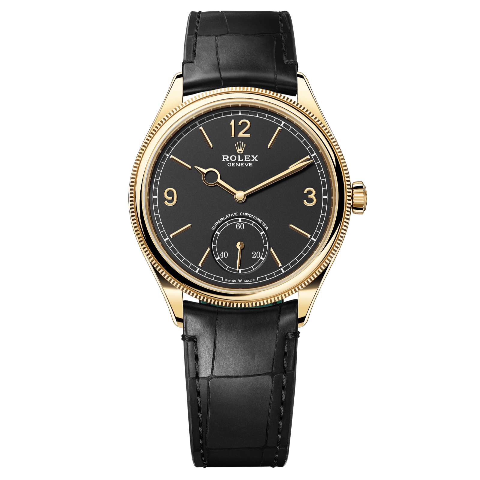 Rolex 1908 39 mm Intense Black Dial 18 Kt Yellow Gold Matt Black   Leather m52508-0002 - WATCHXNYC
