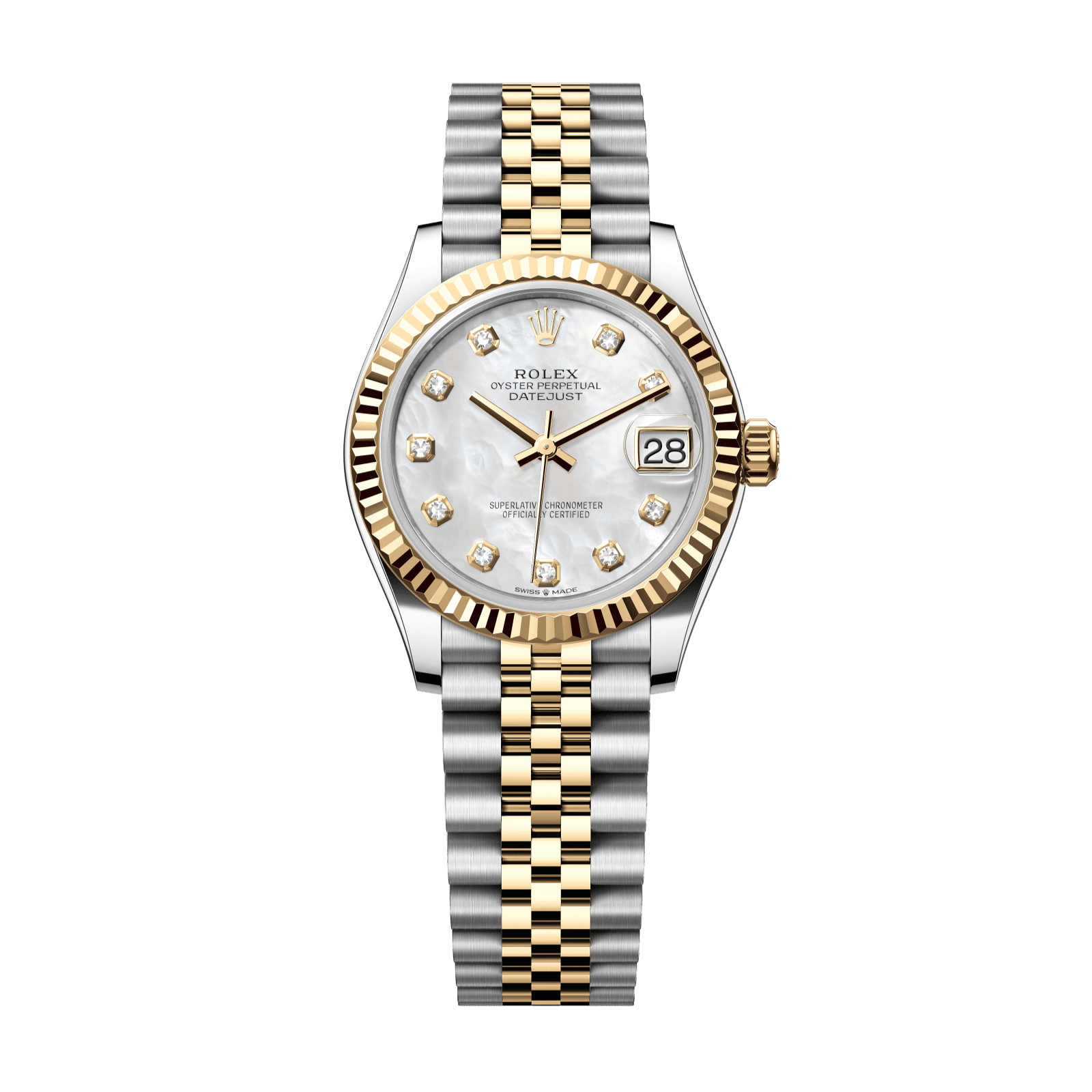 Rolex Datejust 31 31 mm White Mother-Of-Pearl Set With Diamonds Dial Oystersteel and 18k Yellow Gold Jubilee Bracelet 278273-0028 - WATCHXNYC