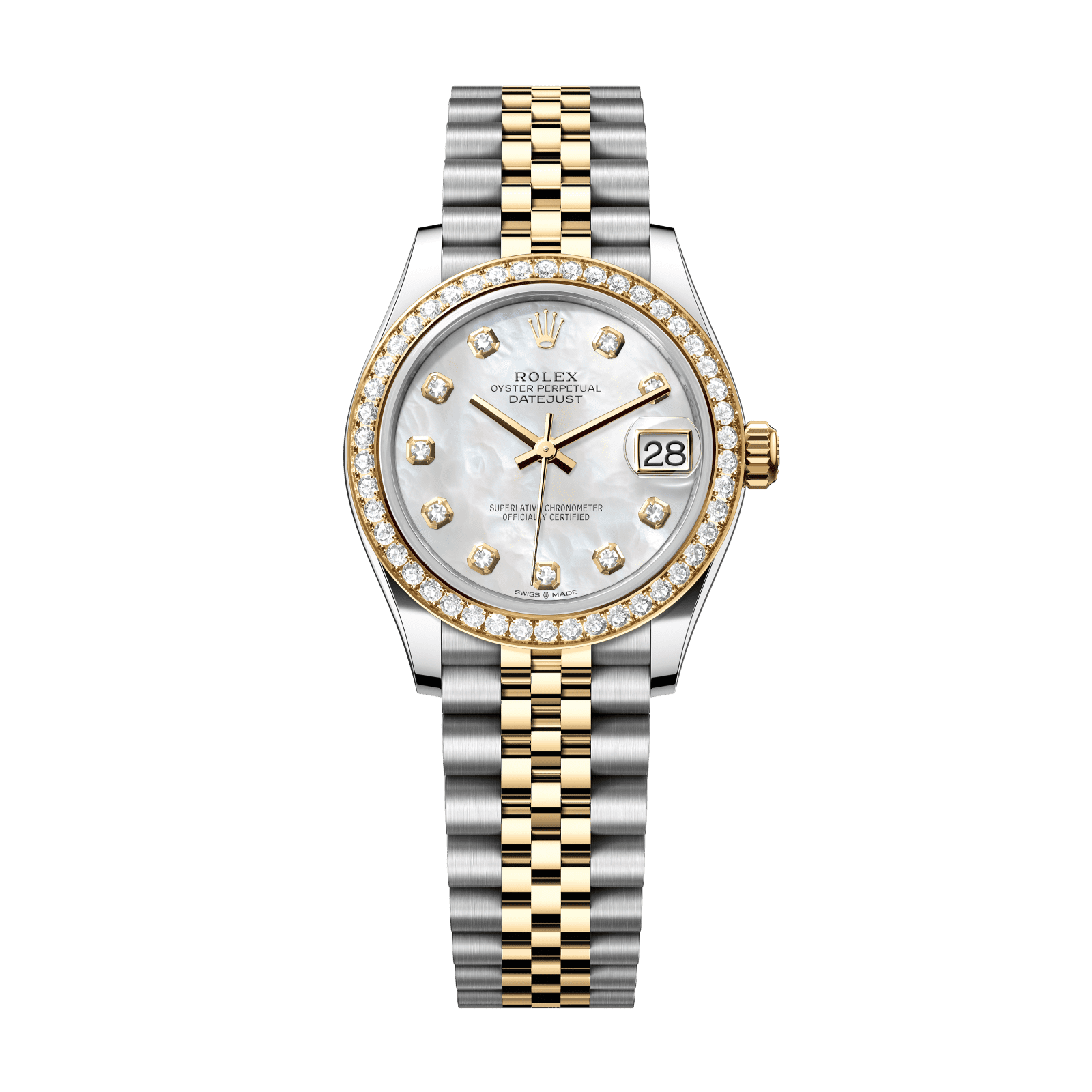 Rolex Datejust 31 31 mm White Mother-Of-Pearl Set With Diamonds Dial Oystersteel and 18k Yellow Gold Jubilee Bracelet 278383rbr-0028 - WATCHXNYC