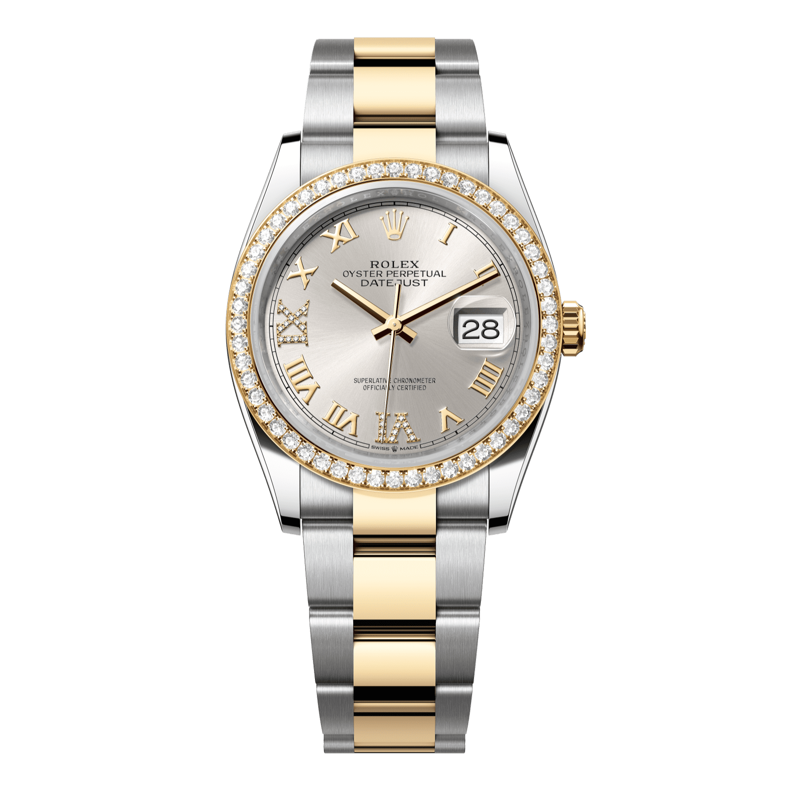 Rolex Datejust 36 36 mm Silver Set With Diamonds Dial Oystersteel and 18k Yellow Gold Oyster Bracelet 126283rbr-0018 - WATCHXNYC
