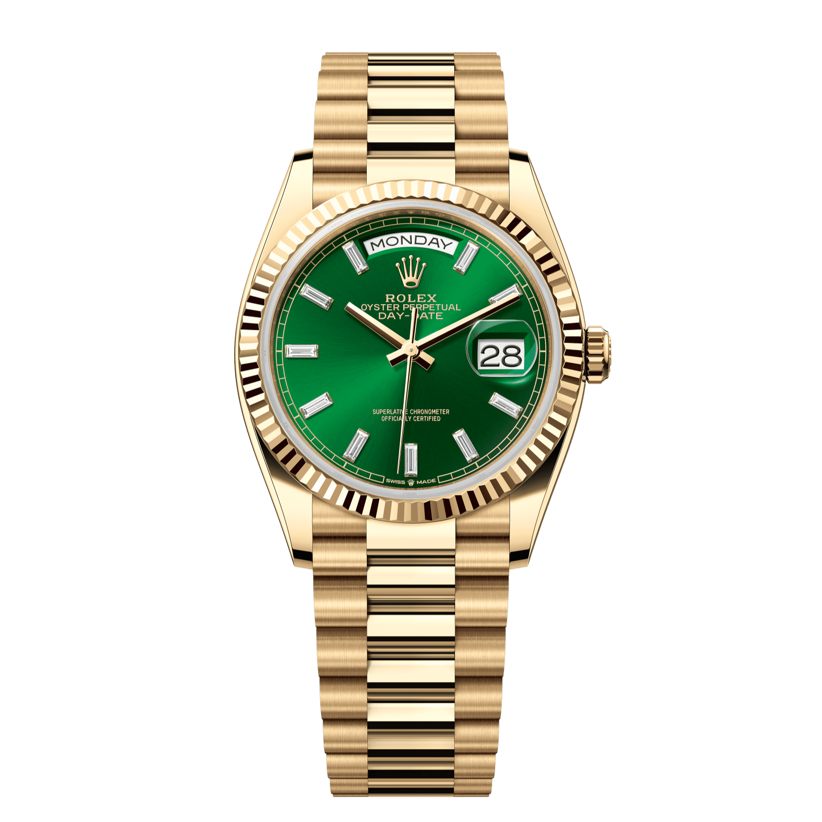 Rolex Day-Date 36 36 mm Bright Green Set With Diamonds Dial 18k Yellow Gold President Bracelet 128238-0130 - WATCHXNYC