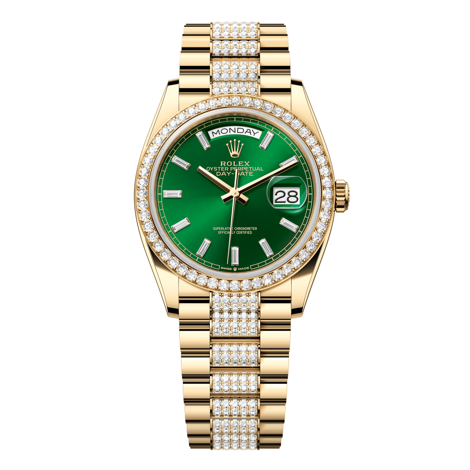 Rolex Day-Date 36 36 mm Bright Green Set With Diamonds Dial 18k Yellow Gold President Bracelet 128348rbr-0079 - WATCHXNYC