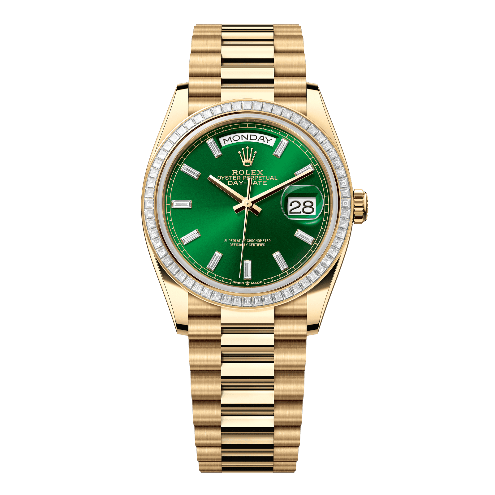 Rolex Day-Date 36 36 mm Bright Green Set With Diamonds Dial 18k Yellow Gold President Bracelet 128398tbr-0035 - WATCHXNYC