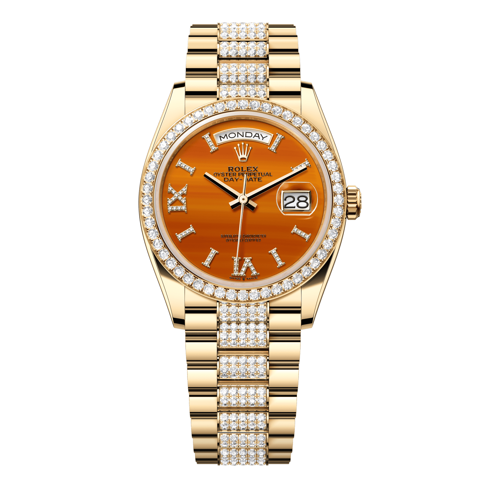 Rolex Day-Date 36 36 mm Carnelian Set With Diamonds Dial 18k Yellow Gold President Bracelet 128348rbr-0050 - WATCHXNYC