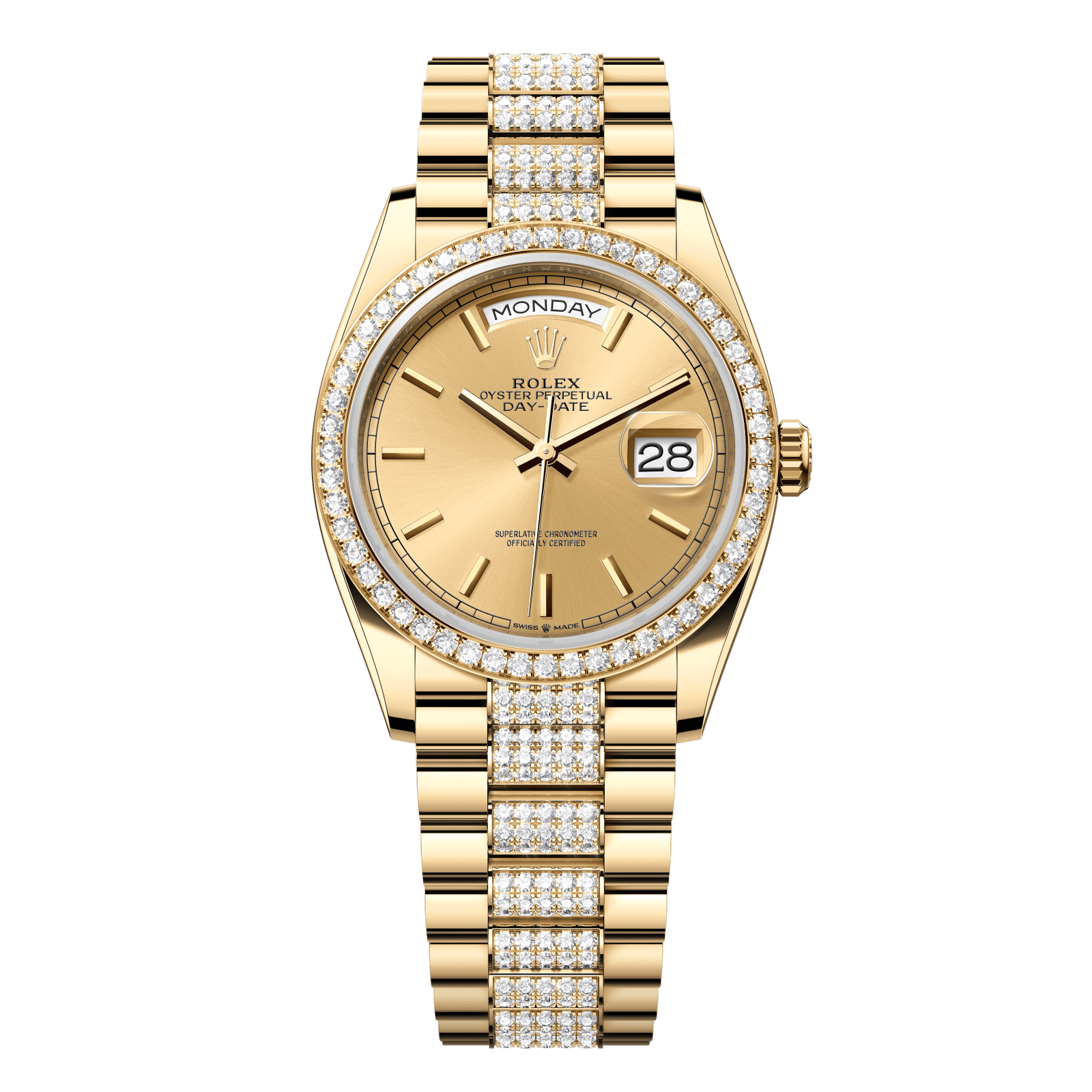 Rolex Day-Date 36 36 mm Champagne-Colour Dial with Diamonds 18k Yellow Gold President Bracelet 128348rbr-0027 - WATCHXNYC