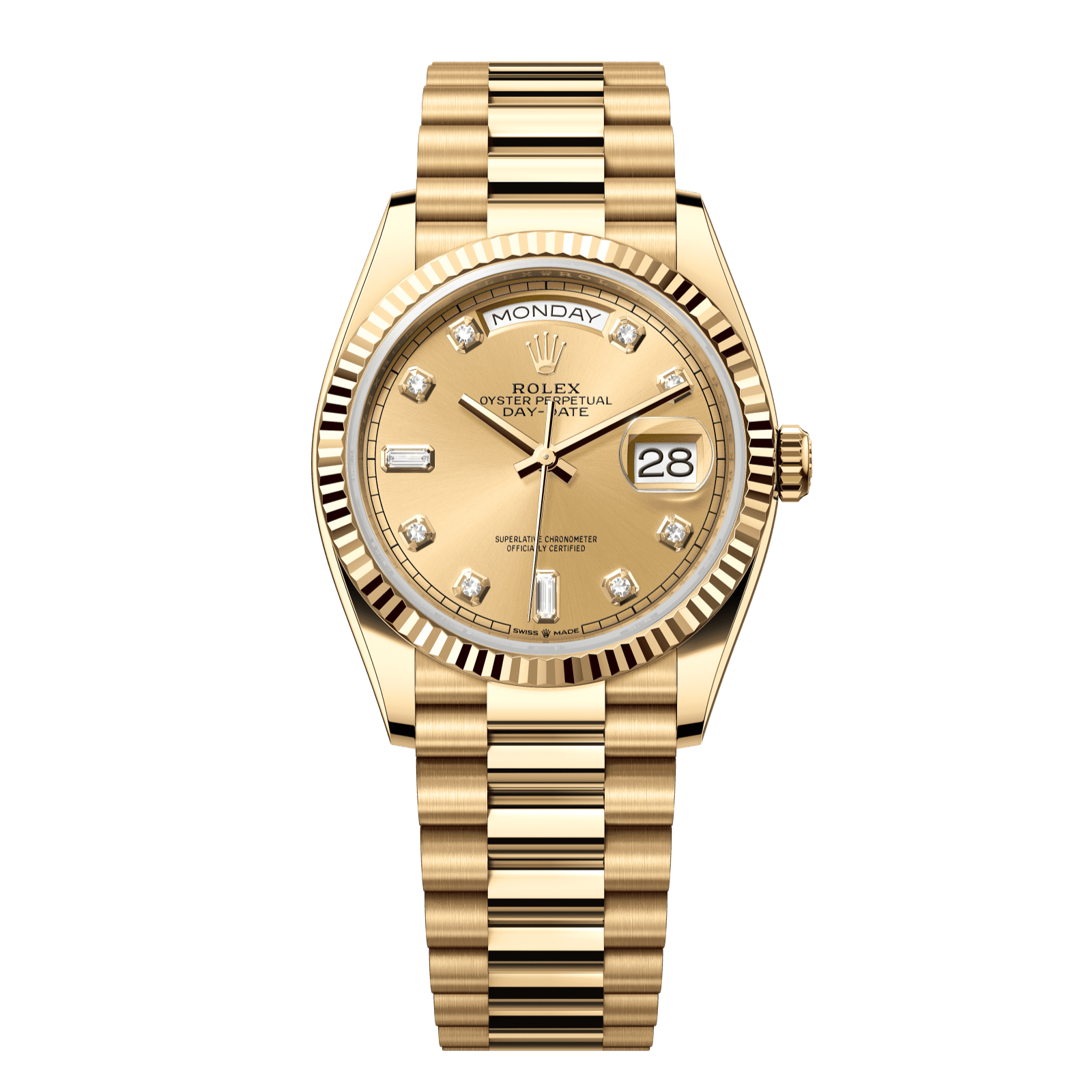 Rolex Day-Date 36 36 mm Champagne-Colour Set With Diamonds Dial 18k Yellow Gold President Bracelet 128238-0008 - WATCHXNYC