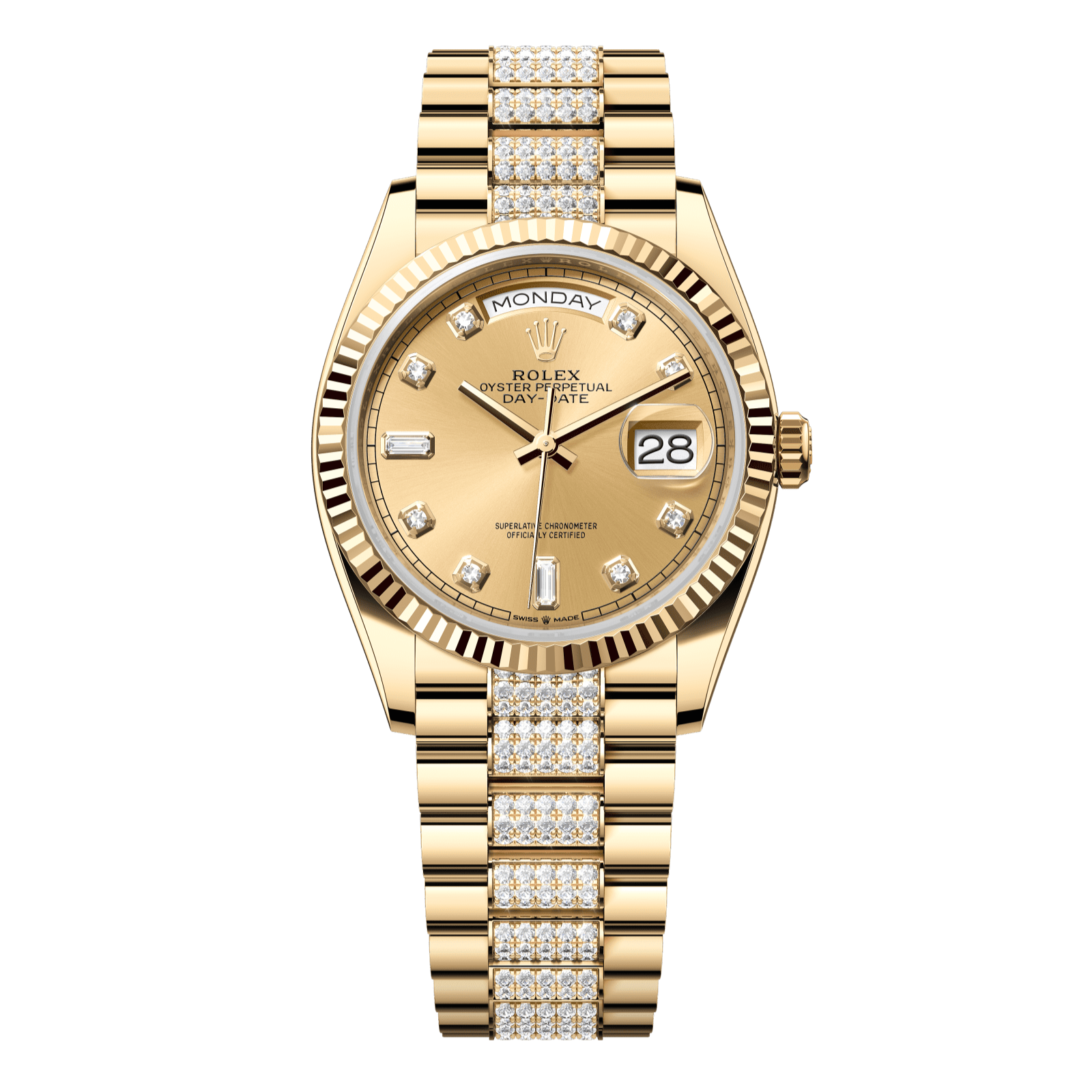 Rolex Day-Date 36 36 mm Champagne-Colour Set With Diamonds Dial 18k Yellow Gold President Bracelet 128238-0026 - WATCHXNYC
