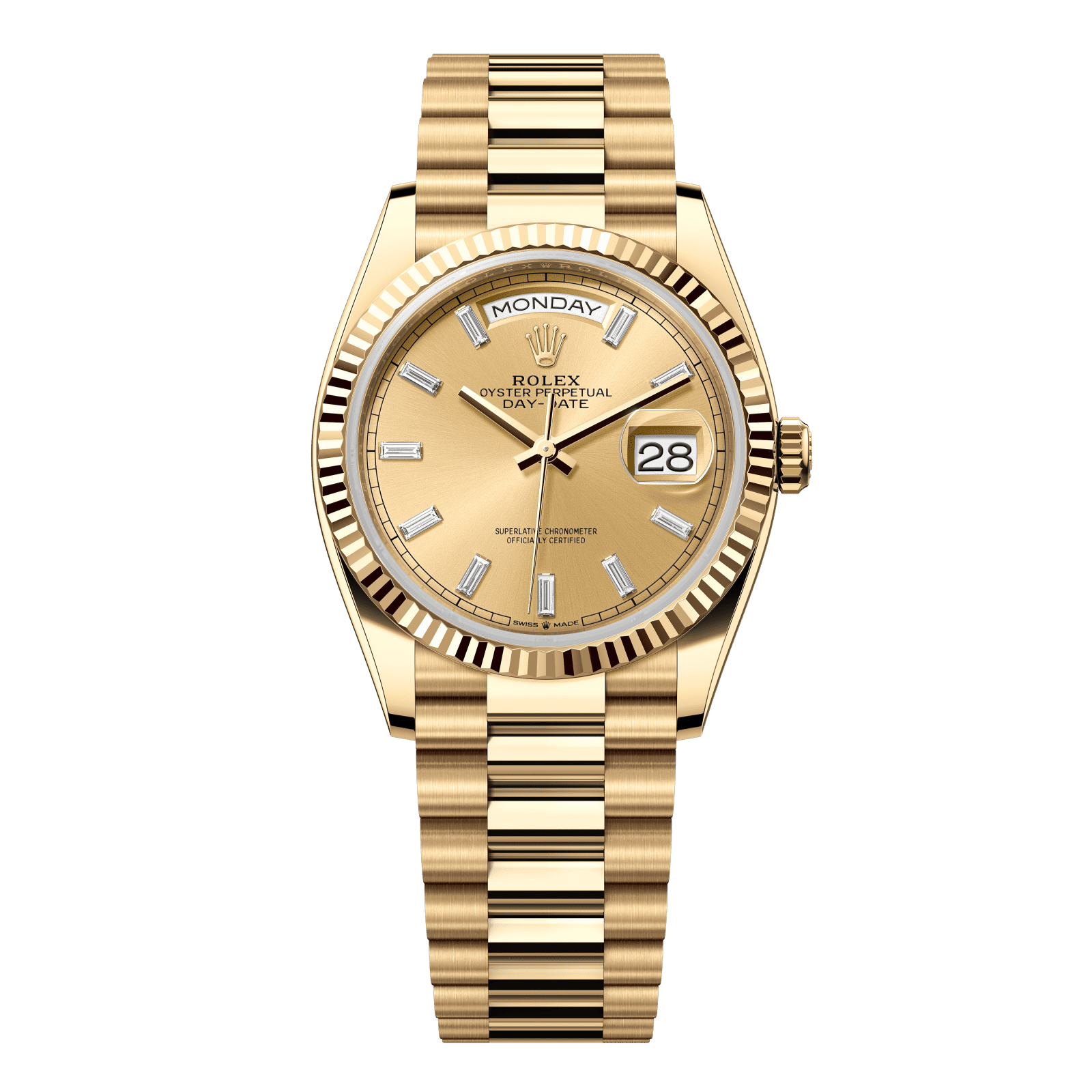 Rolex Day-Date 36 36 mm Champagne-Colour Set With Diamonds Dial 18k Yellow Gold President Bracelet 128238-0132 - WATCHXNYC