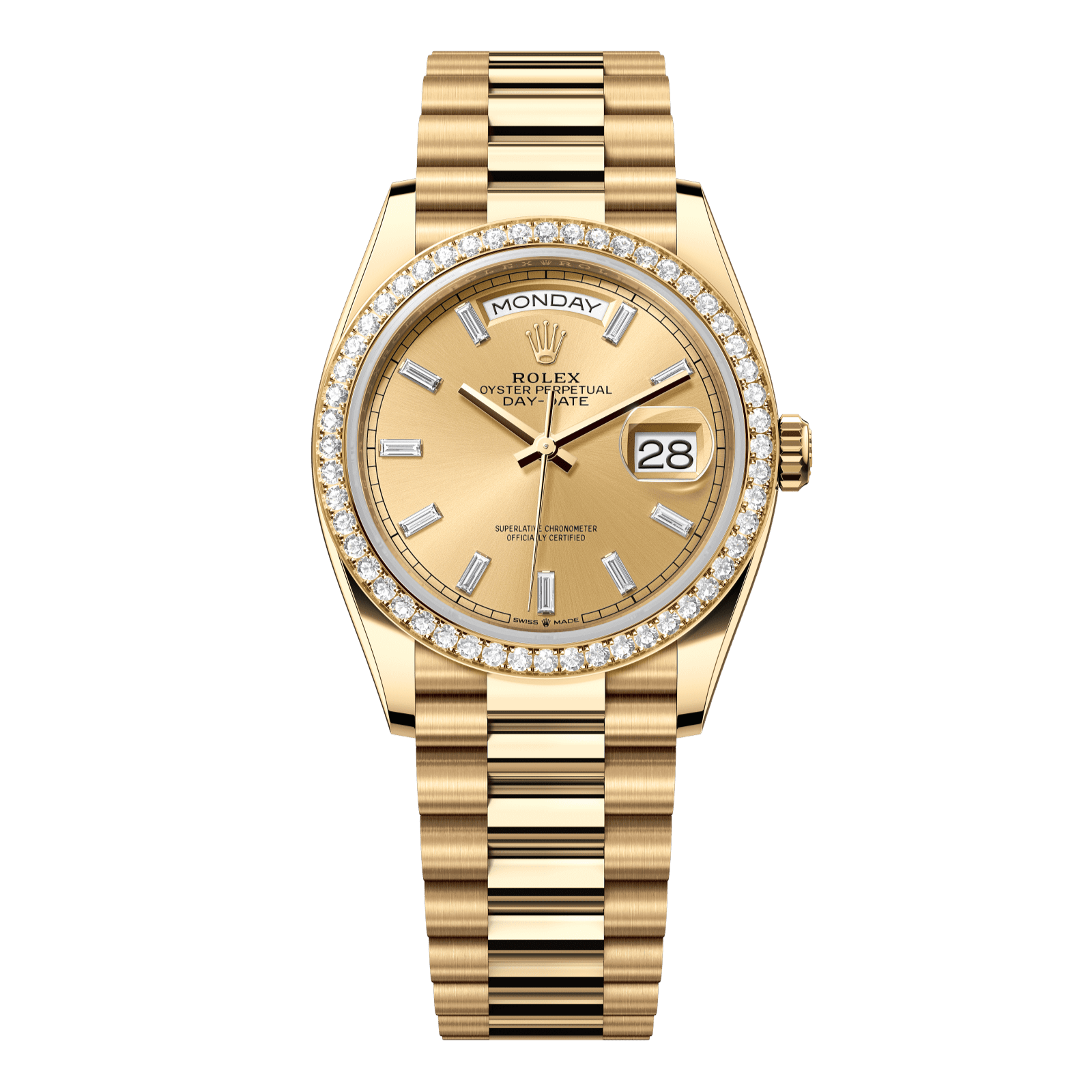 Rolex Day-Date 36 36 mm Champagne-Colour Set With Diamonds Dial 18k Yellow Gold President Bracelet 128348rbr-0080 - WATCHXNYC