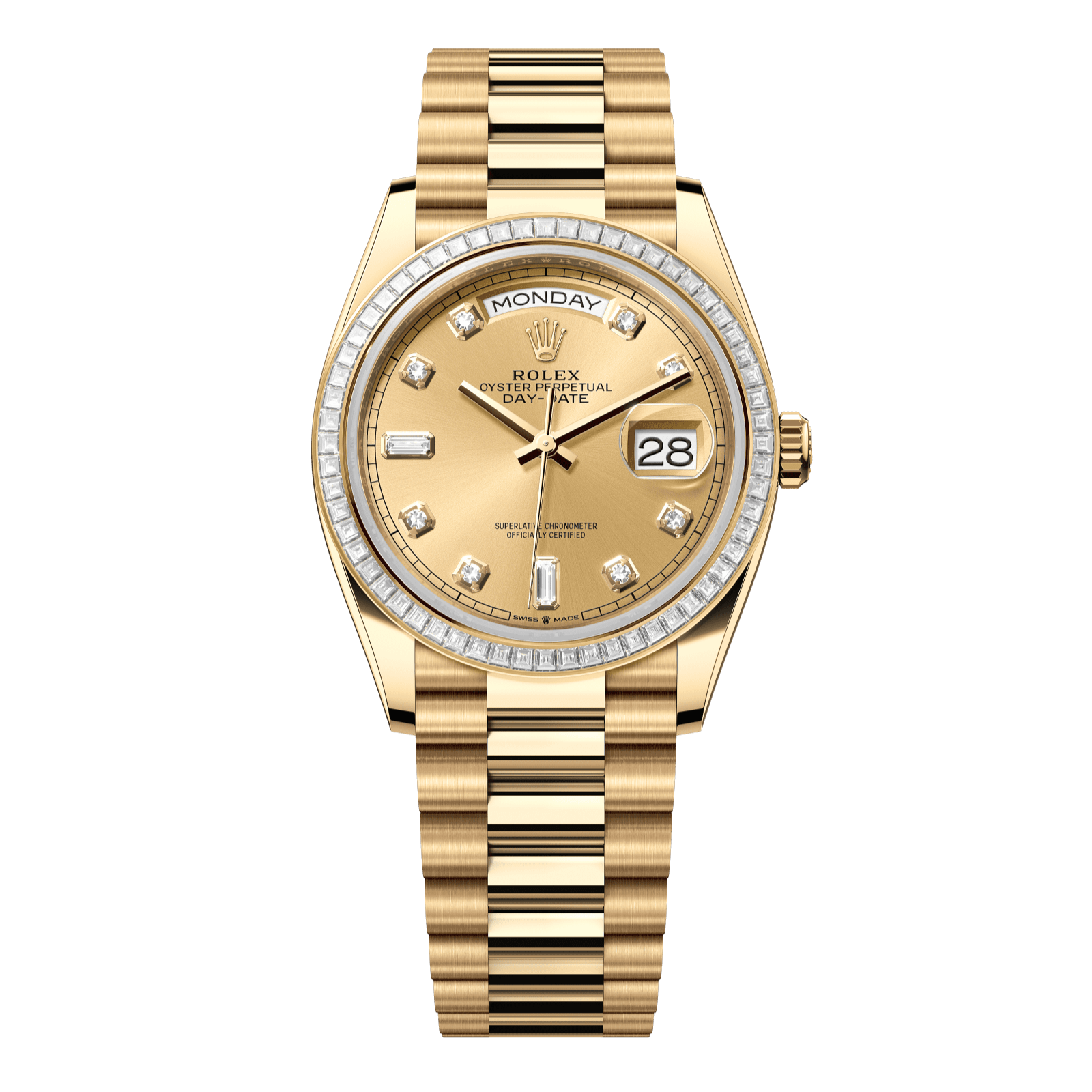 Rolex Day-Date 36 36 mm Champagne-Colour Set With Diamonds Dial 18k Yellow Gold President Bracelet 128398tbr-0002 - WATCHXNYC
