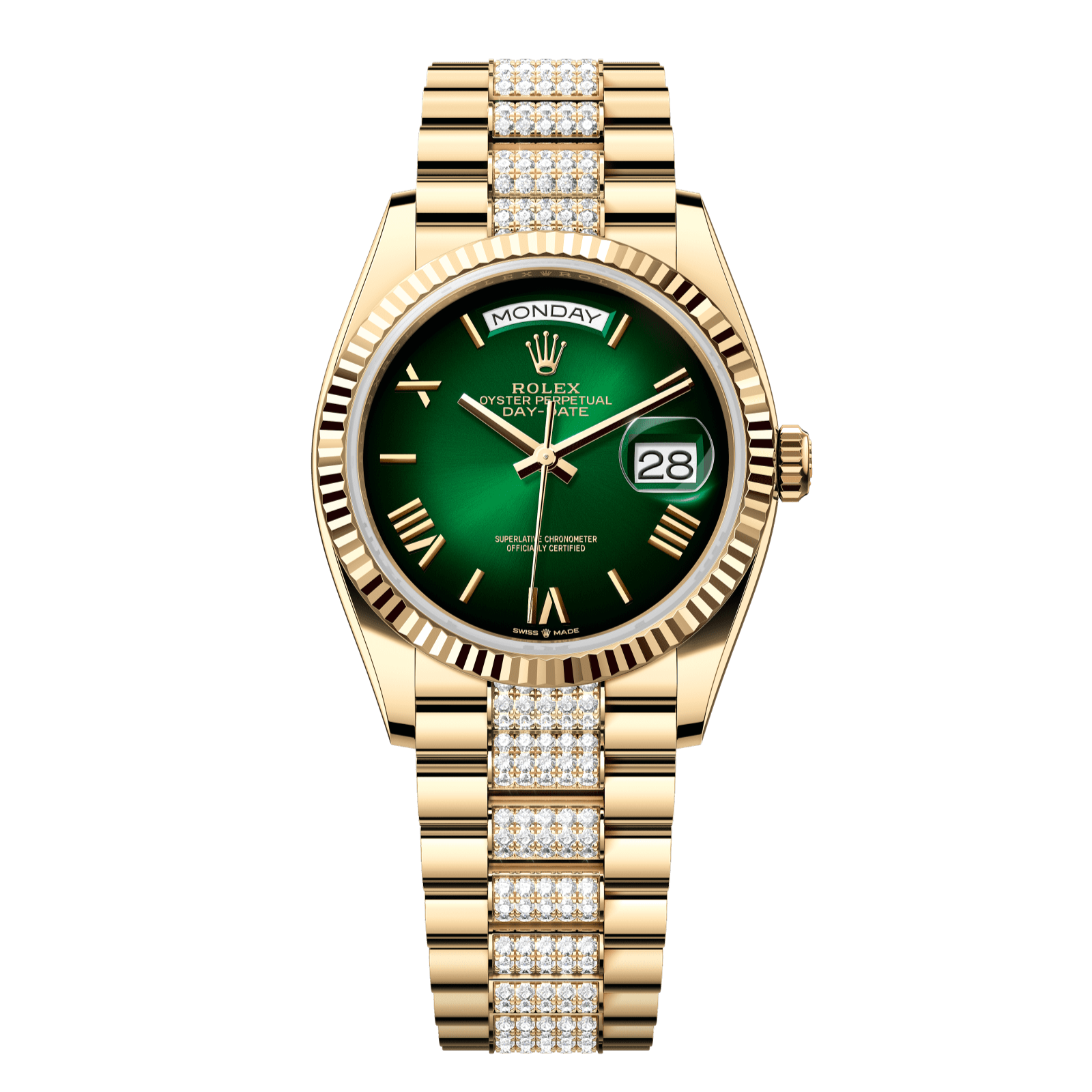 Rolex Day-Date 36 36 mm Green OmbrÈ Dial 18k Yellow Gold President Bracelet with Diamonds 128238-0119 - WATCHXNYC