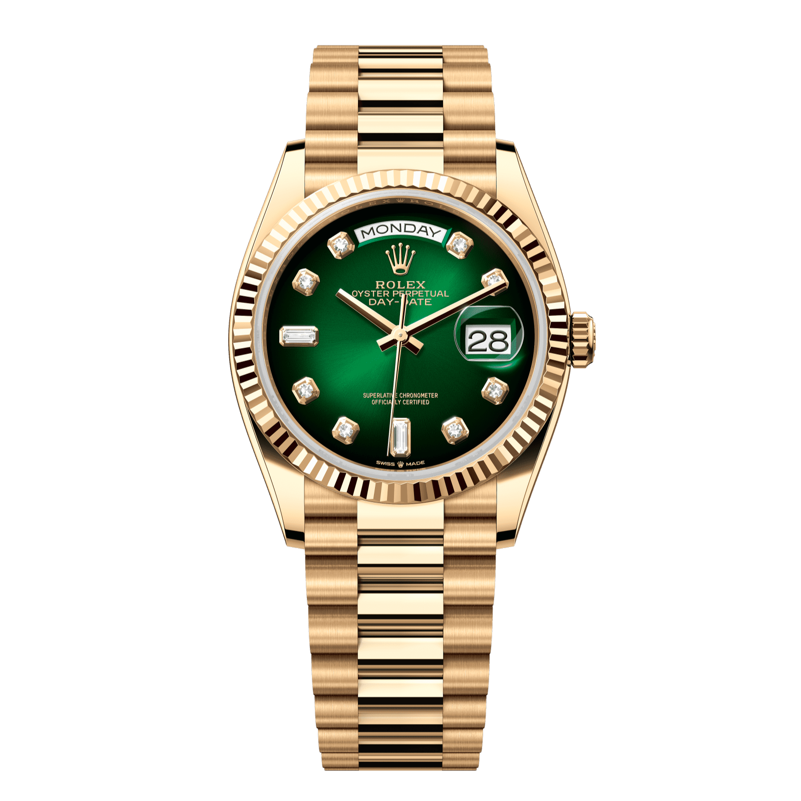 Rolex Day-Date 36 36 mm Green OmbrÈ Set With Diamonds Dial 18k Yellow Gold President Bracelet 128238-0069 - WATCHXNYC