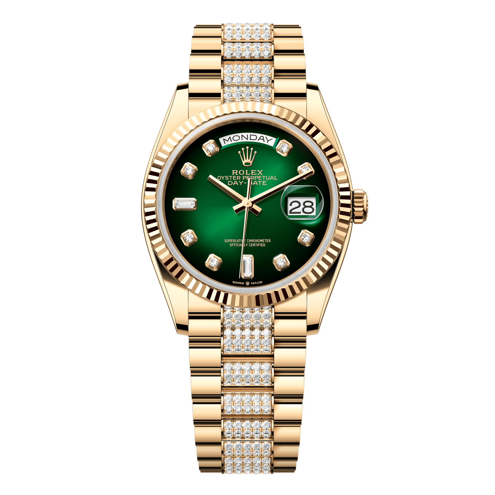 Rolex Day-Date 36 36 mm Green Ombre? Set With Diamonds Dial 18k Yellow Gold President Bracelet 128238-0070 - WATCHXNYC