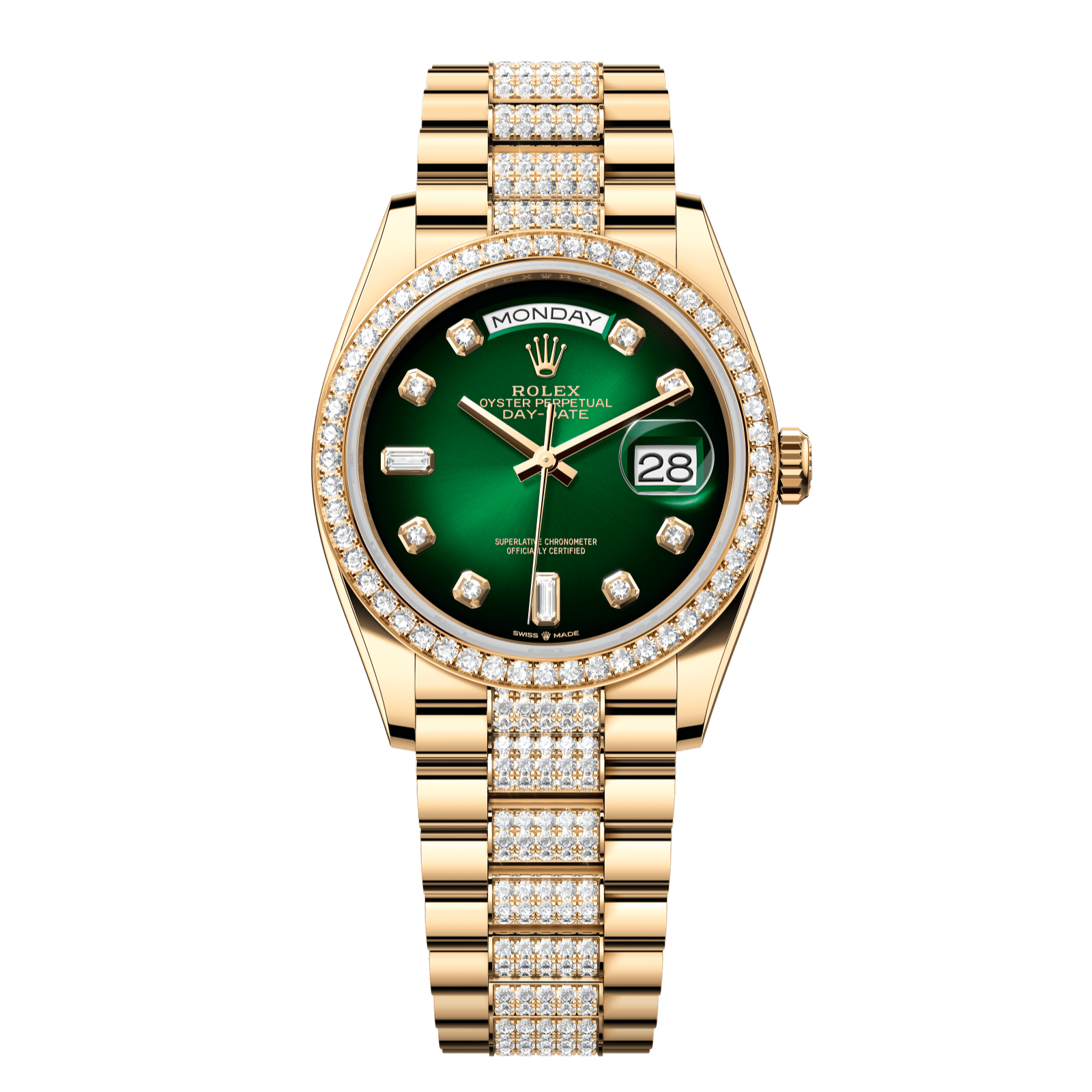 Rolex Day-Date 36 36 mm Green Ombre? Set With Diamonds Dial 18k Yellow Gold President Bracelet 128348rbr-0036 - WATCHXNYC