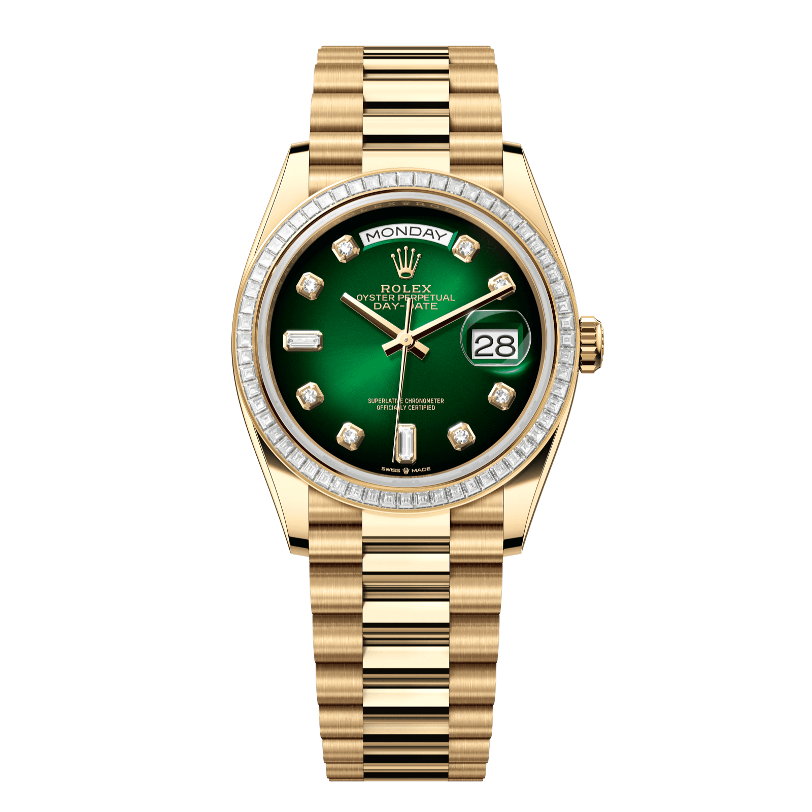 Rolex Day-Date 36 36 mm Green Ombre? Set With Diamonds Dial 18k Yellow Gold President Bracelet 128398tbr-0008 - WATCHXNYC