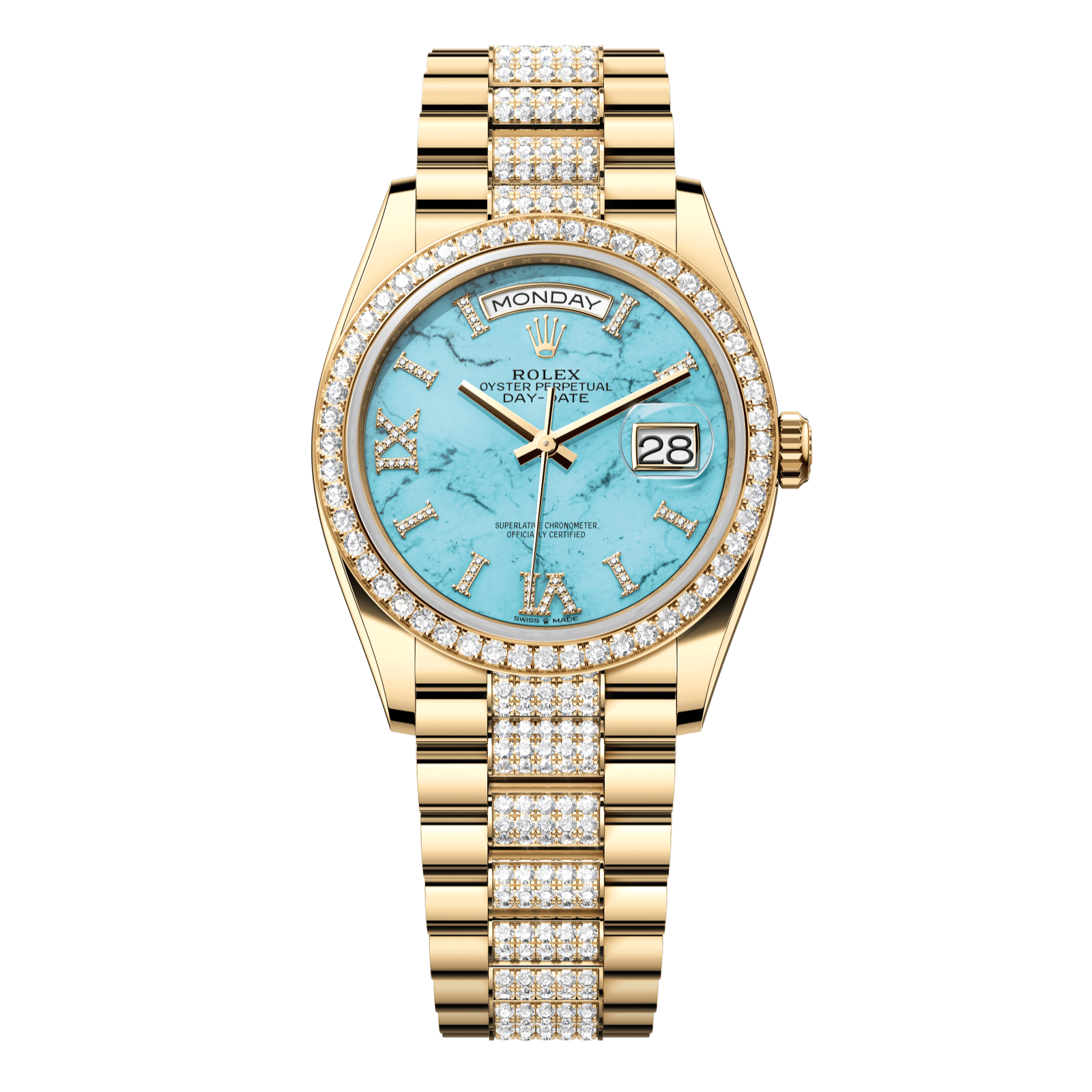 Rolex Day-Date 36 36 mm Turquoise Set With Diamonds Dial 18k Yellow Gold President Bracelet 128348rbr-0038 - WATCHXNYC