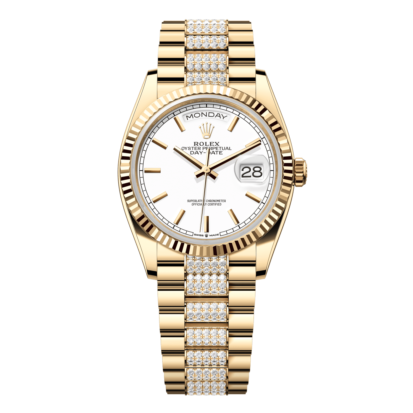 Rolex Day-Date 36 36 mm White Dial 18k Yellow Gold President Bracelet with Diamonds 128238-0082 - WATCHXNYC