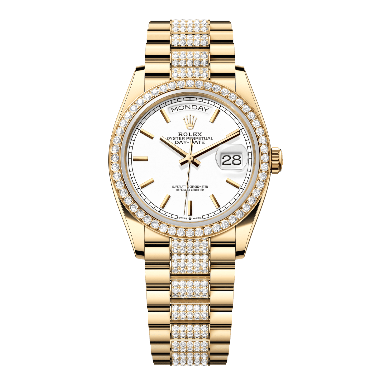 Rolex Day-Date 36 36 mm White Dial with Diamonds 18k Yellow Gold President Bracelet 128348rbr-0048 - WATCHXNYC