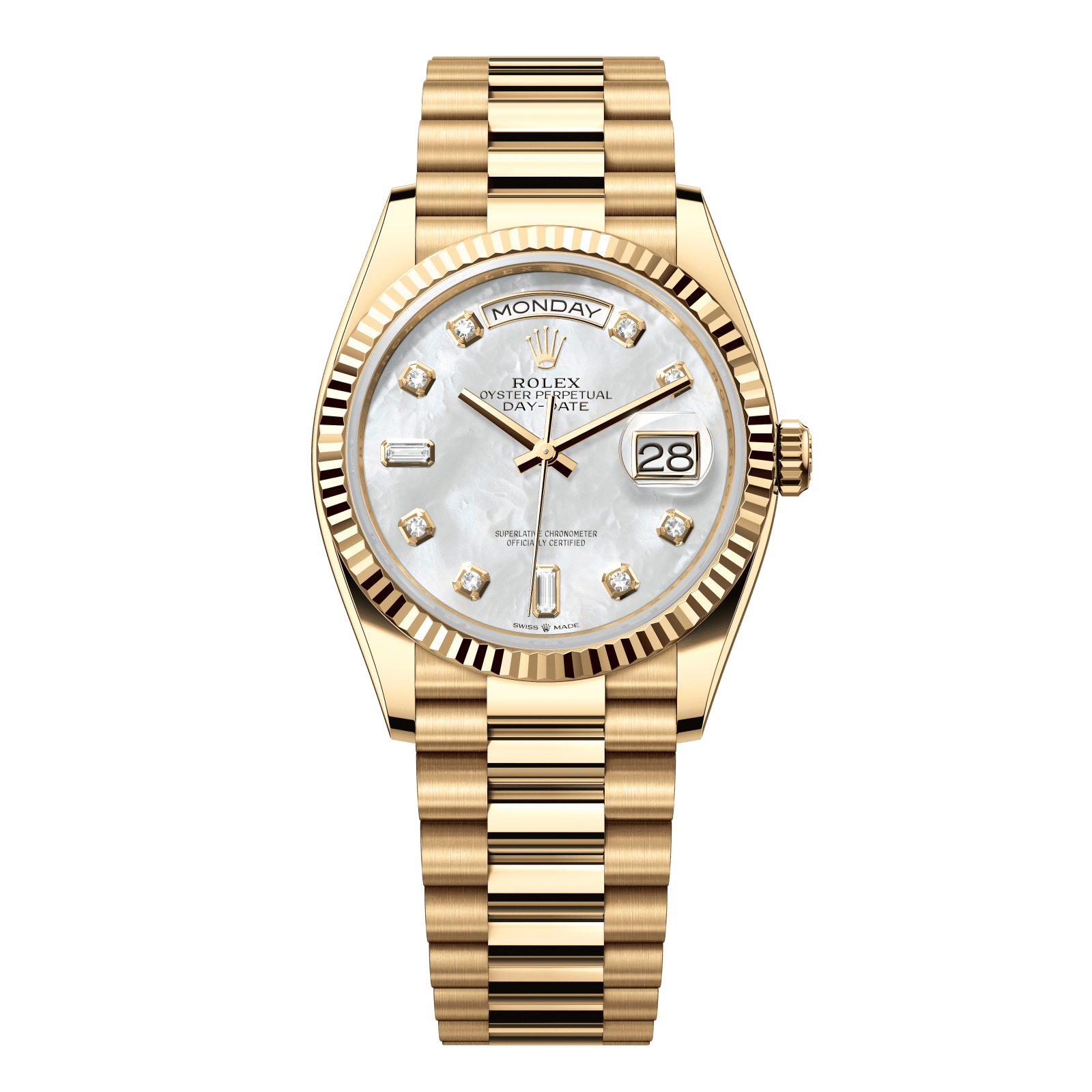 Rolex Day-Date 36 36 mm White Mother-Of-Pearl Set With Diamonds Dial 18k Yellow Gold President Bracelet 128238-0011 - WATCHXNYC