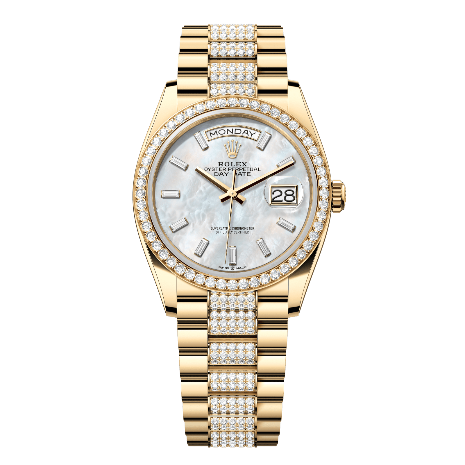 Rolex Day-Date 36 36 mm White Mother-Of-Pearl Set With Diamonds Dial 18k Yellow Gold President Bracelet 128348rbr-0071 - WATCHXNYC