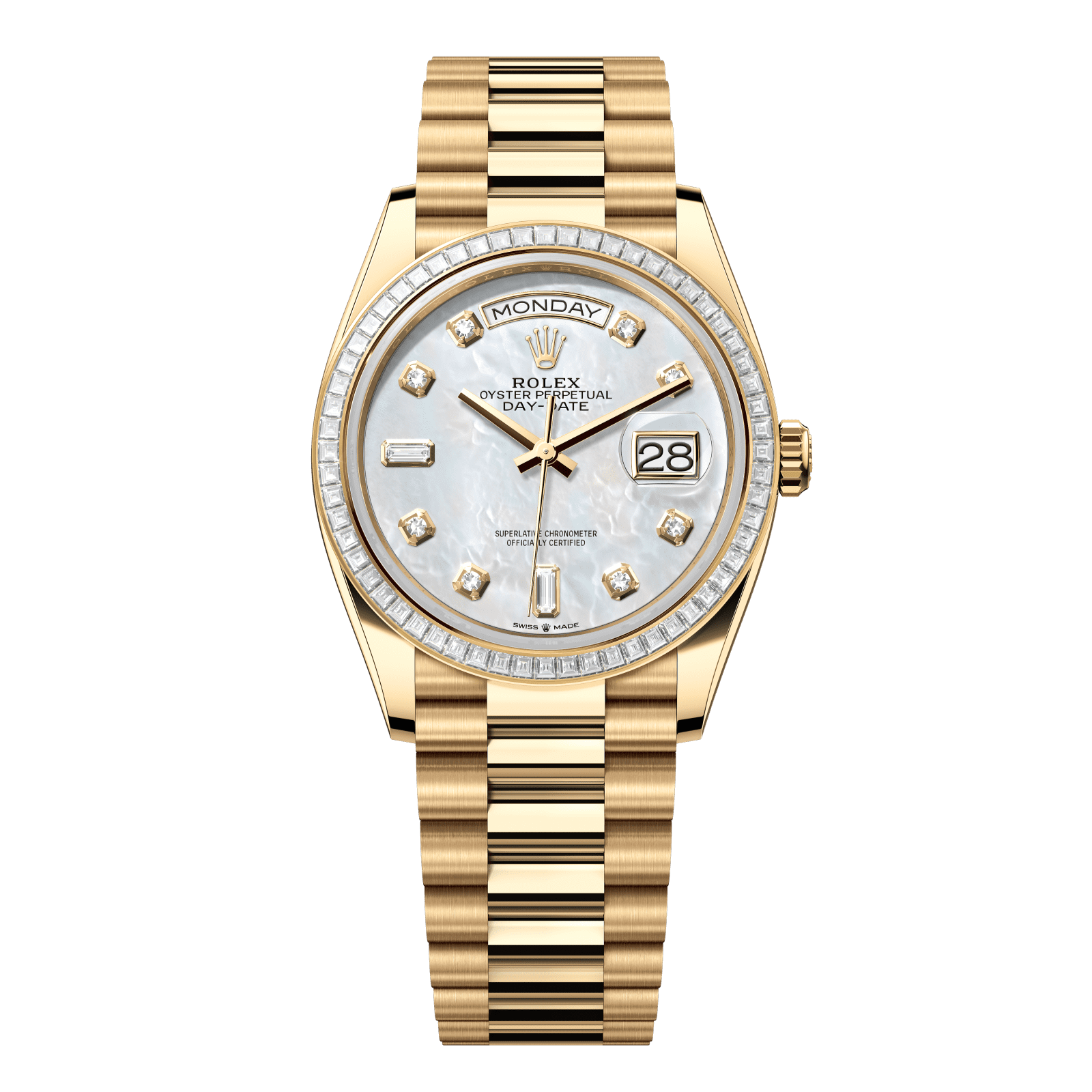 Rolex Day-Date 36 36 mm White Mother-Of-Pearl Set With Diamonds Dial 18k Yellow Gold President Bracelet 128398tbr-0004 - WATCHXNYC