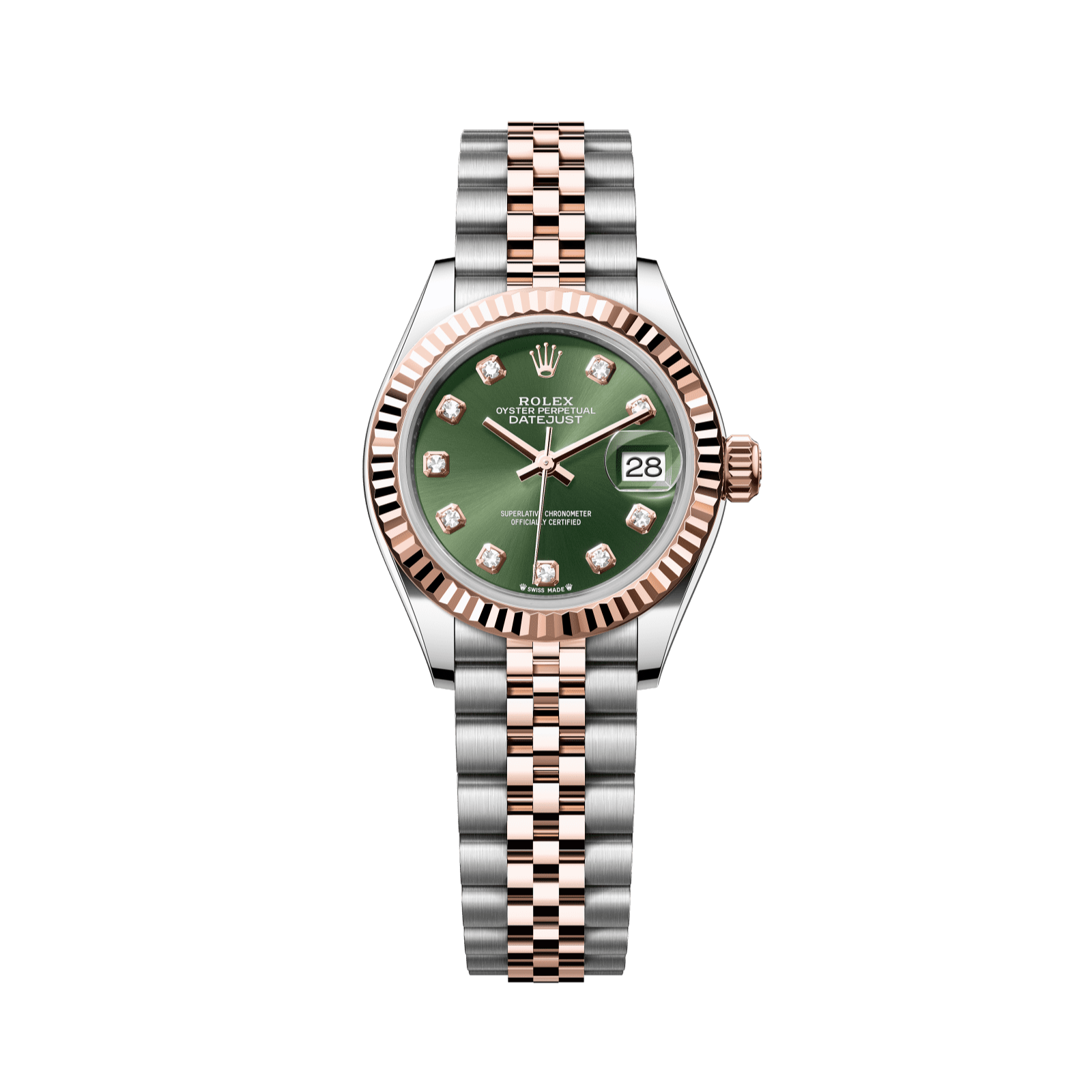 Rolex Lady-Datejust 28 mm Olive Green Set With Diamonds Dial Oystersteel and Everose Gold Jubilee Bracelet 279171-0007 - WATCHXNYC